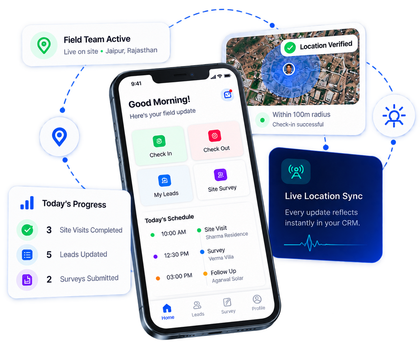 Solar Khata field team app — check in/out, live location, today's schedule